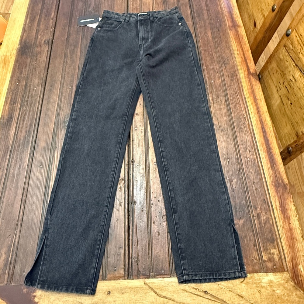 PrettyLittleThing Black Split Hem Straight Leg Jeans High Rise CMF5019 Size 6 US